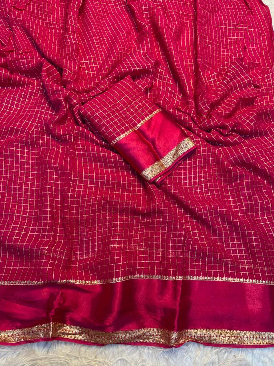 Redolent Party Wear Pure Viscose Georgette With Satin Border Small Chex Fancy Designer Saree For Women