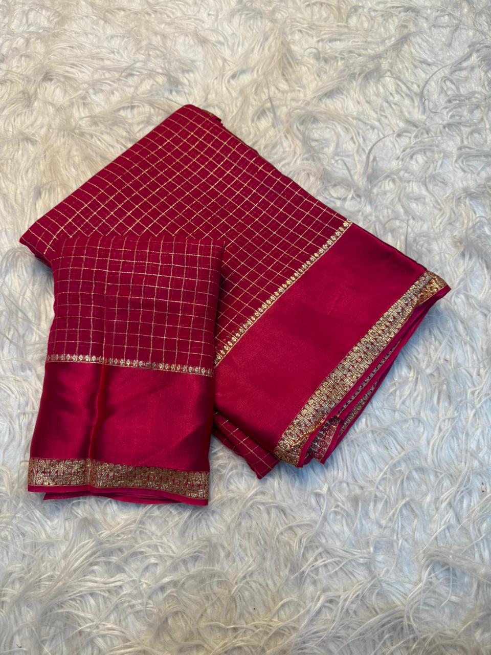 Redolent Party Wear Pure Viscose Georgette With Satin Border Small Chex Fancy Designer Saree For Women