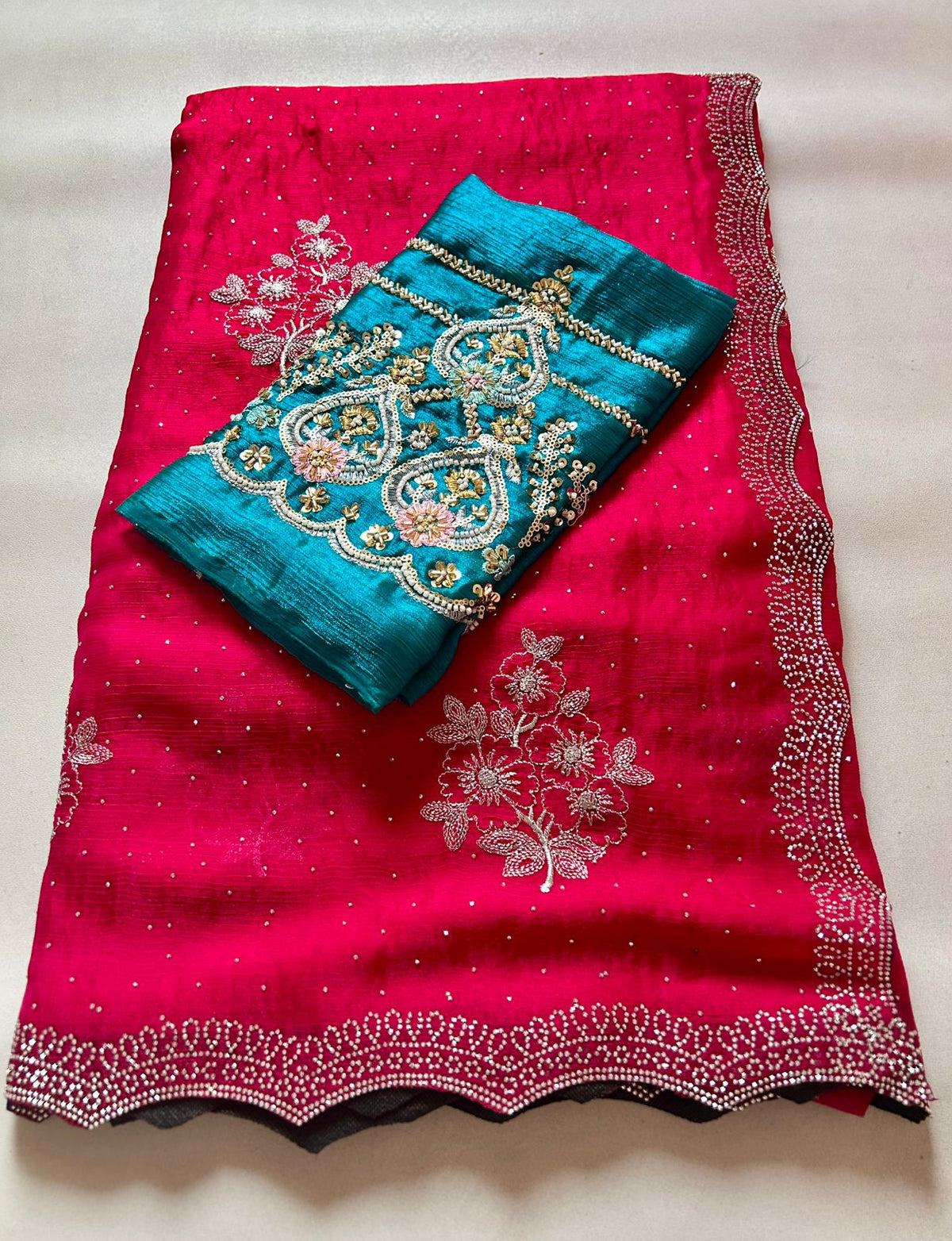 Charismatic Festive Wear Crunchy Chiffon Cursh Silk Embroidery N Scalloped Cut Work Border Fancy Designer Saree With Contrast Blouse Piece