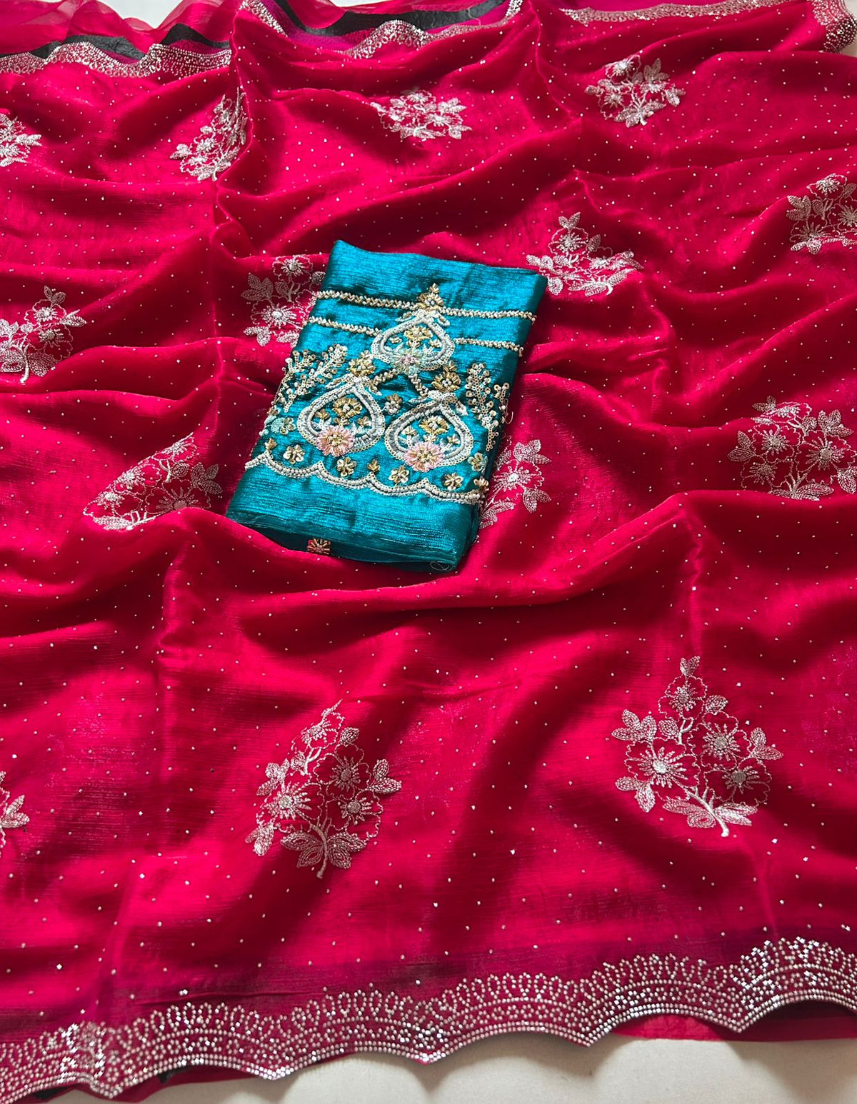 Charismatic Festive Wear Crunchy Chiffon Cursh Silk Embroidery N Scalloped Cut Work Border Fancy Designer Saree With Contrast Blouse Piece