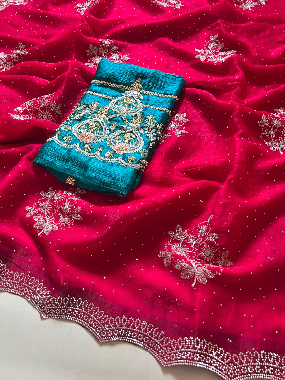 Charismatic Festive Wear Crunchy Chiffon Cursh Silk Embroidery N Scalloped Cut Work Border Fancy Designer Saree With Contrast Blouse Piece