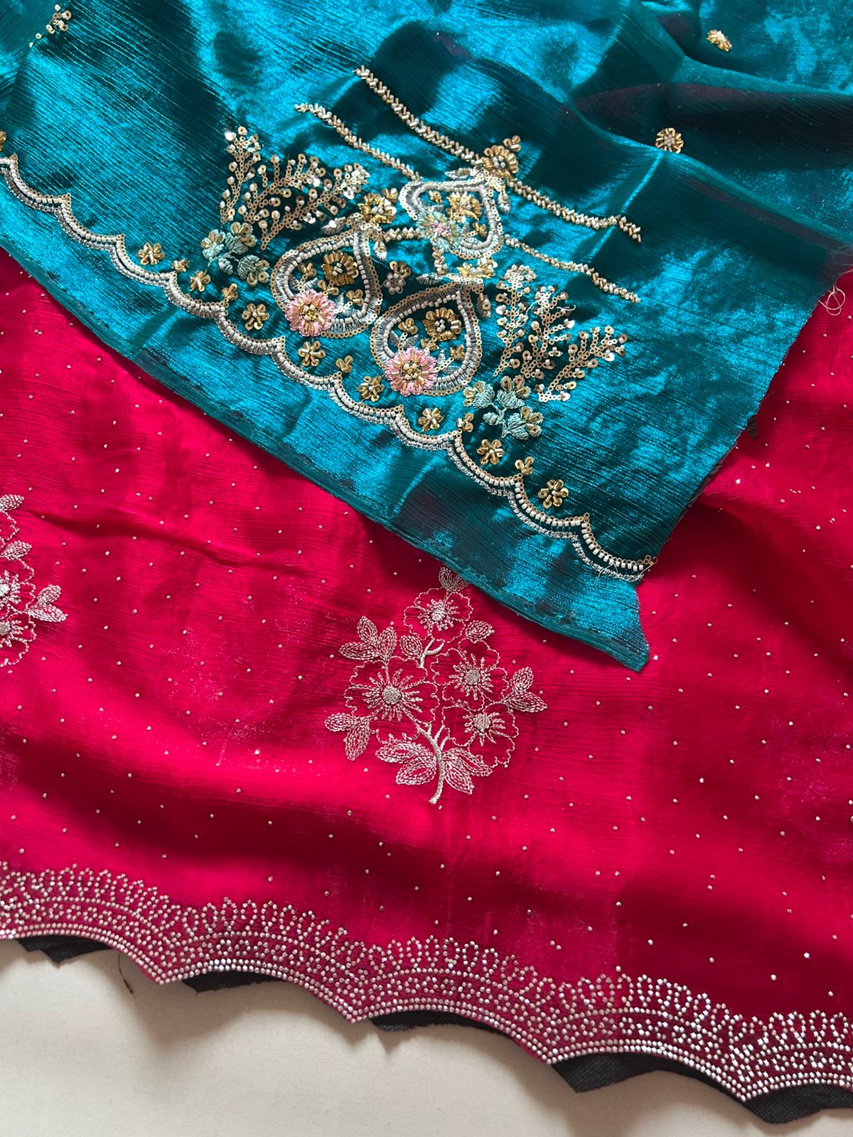 Charismatic Festive Wear Crunchy Chiffon Cursh Silk Embroidery N Scalloped Cut Work Border Fancy Designer Saree With Contrast Blouse Piece