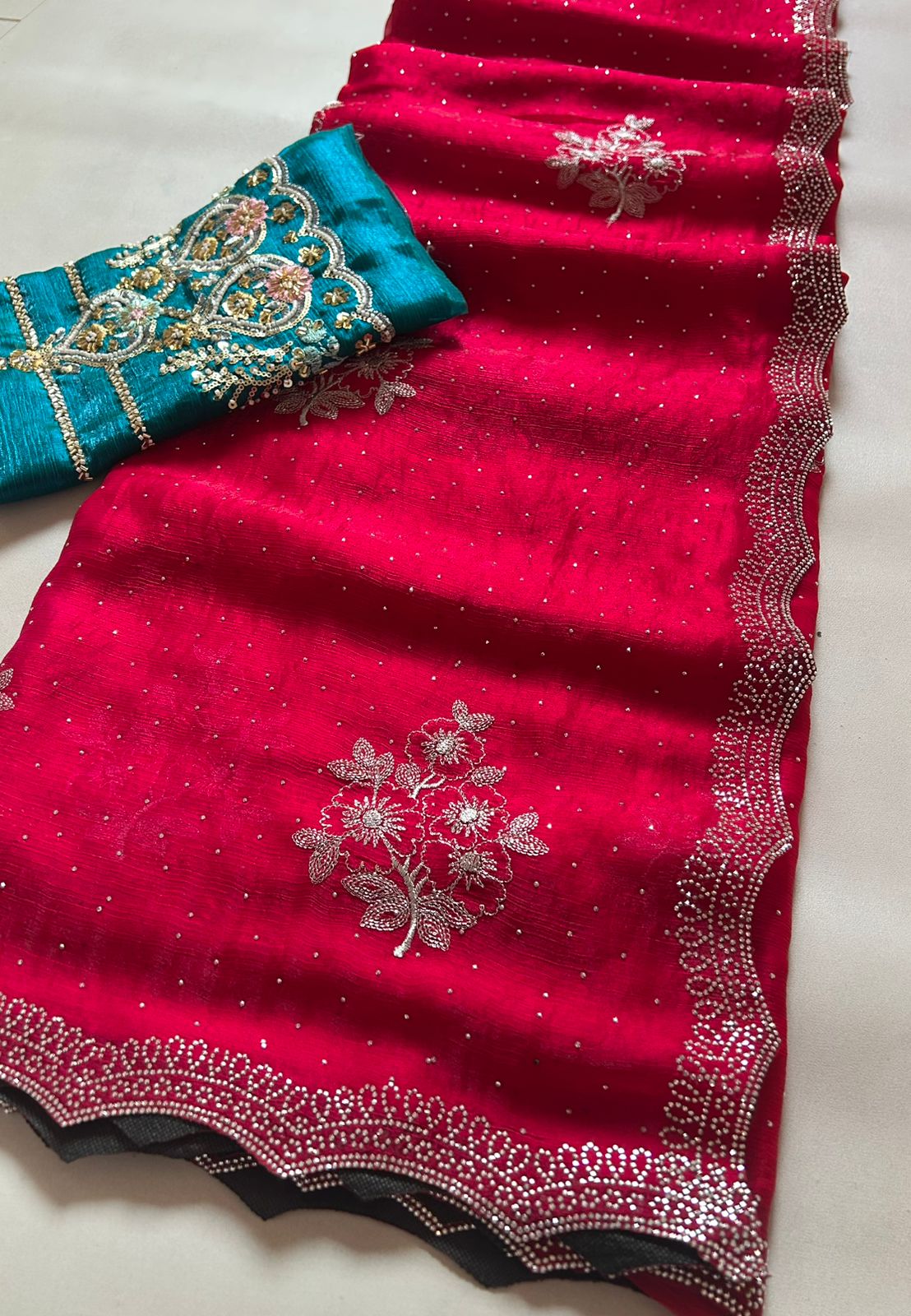 Charismatic Festive Wear Crunchy Chiffon Cursh Silk Embroidery N Scalloped Cut Work Border Fancy Designer Saree With Contrast Blouse Piece