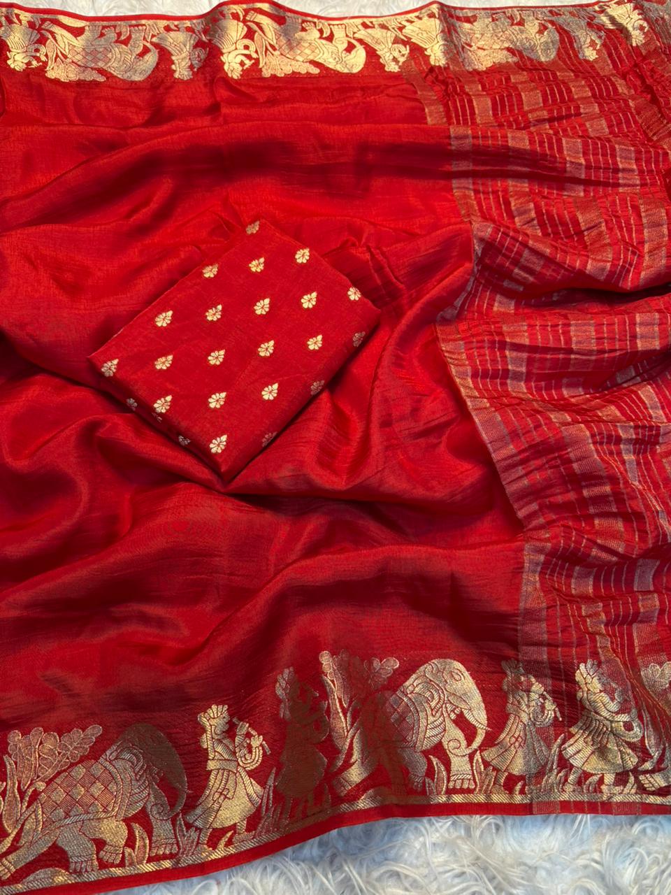Ravishing Party Wear Pure Russian Dola Silk Jacquard Weaving Border Rich Pallu Fancy Designer Saree With Blouse Piece