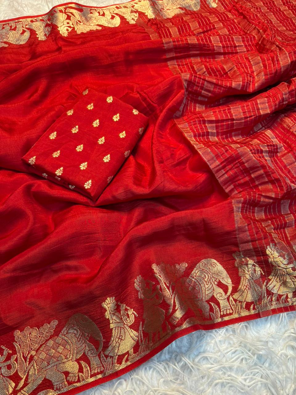 Ravishing Party Wear Pure Russian Dola Silk Jacquard Weaving Border Rich Pallu Fancy Designer Saree With Blouse Piece