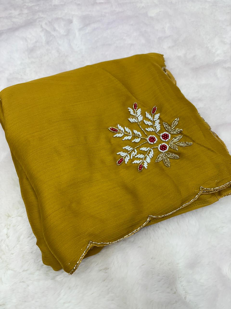 Attractive Function Wear Mustard Colour Magic Satin Silk Handwork Wedding Saree With Blouse Piece