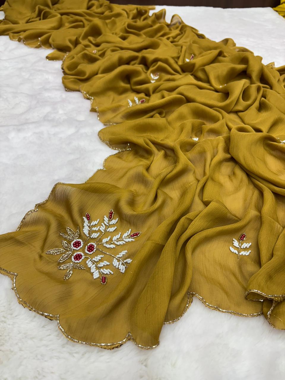 Attractive Function Wear Mustard Colour Magic Satin Silk Handwork Wedding Saree With Blouse Piece