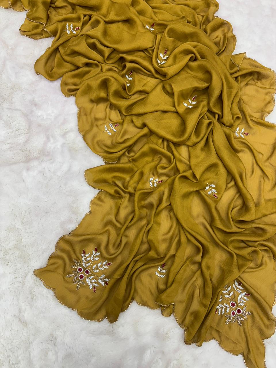 Attractive Function Wear Mustard Colour Magic Satin Silk Handwork Wedding Saree With Blouse Piece