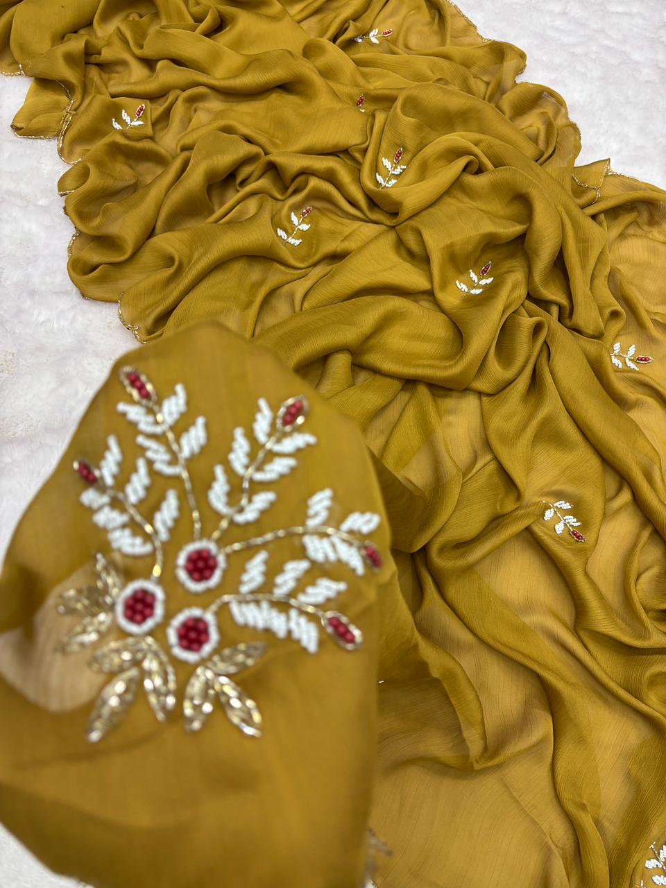 Attractive Function Wear Mustard Colour Magic Satin Silk Handwork Wedding Saree With Blouse Piece