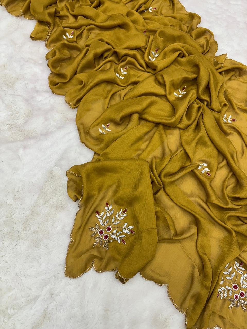 Attractive Function Wear Mustard Colour Magic Satin Silk Handwork Wedding Saree With Blouse Piece