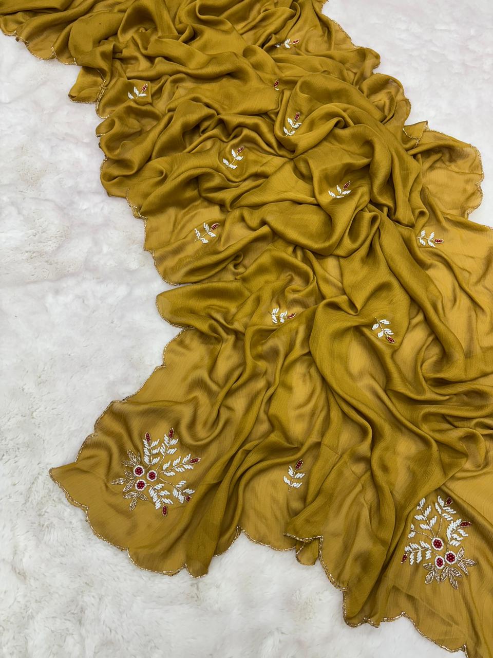 Attractive Function Wear Mustard Colour Magic Satin Silk Handwork Wedding Saree With Blouse Piece