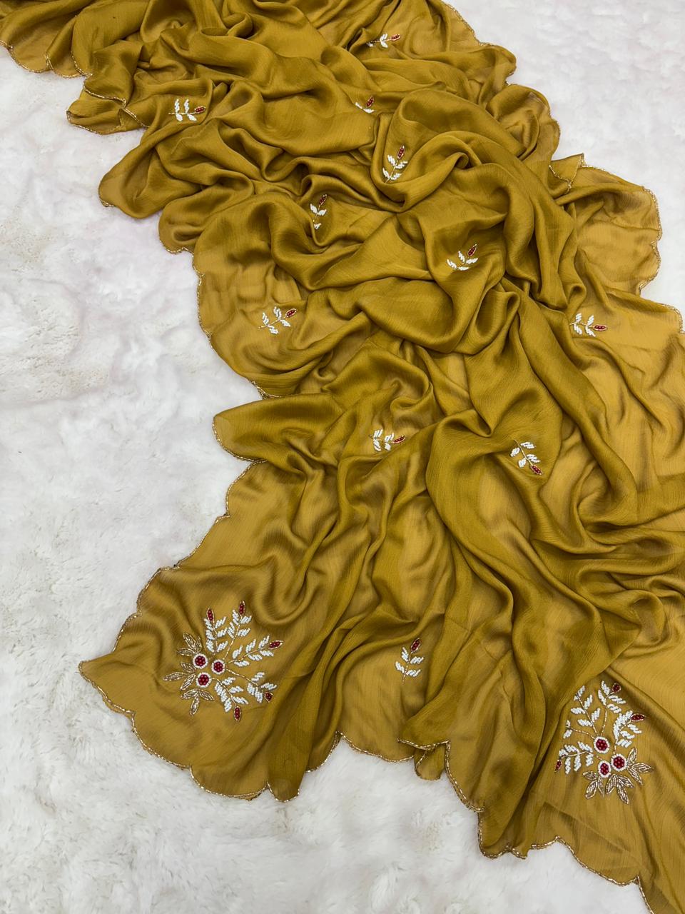 Attractive Function Wear Mustard Colour Magic Satin Silk Handwork Wedding Saree With Blouse Piece