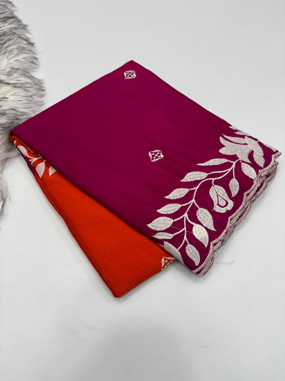 New Designer Soft Chinnon Double Shaded Heavy Embroidery n Jari Work Saree For Wedding