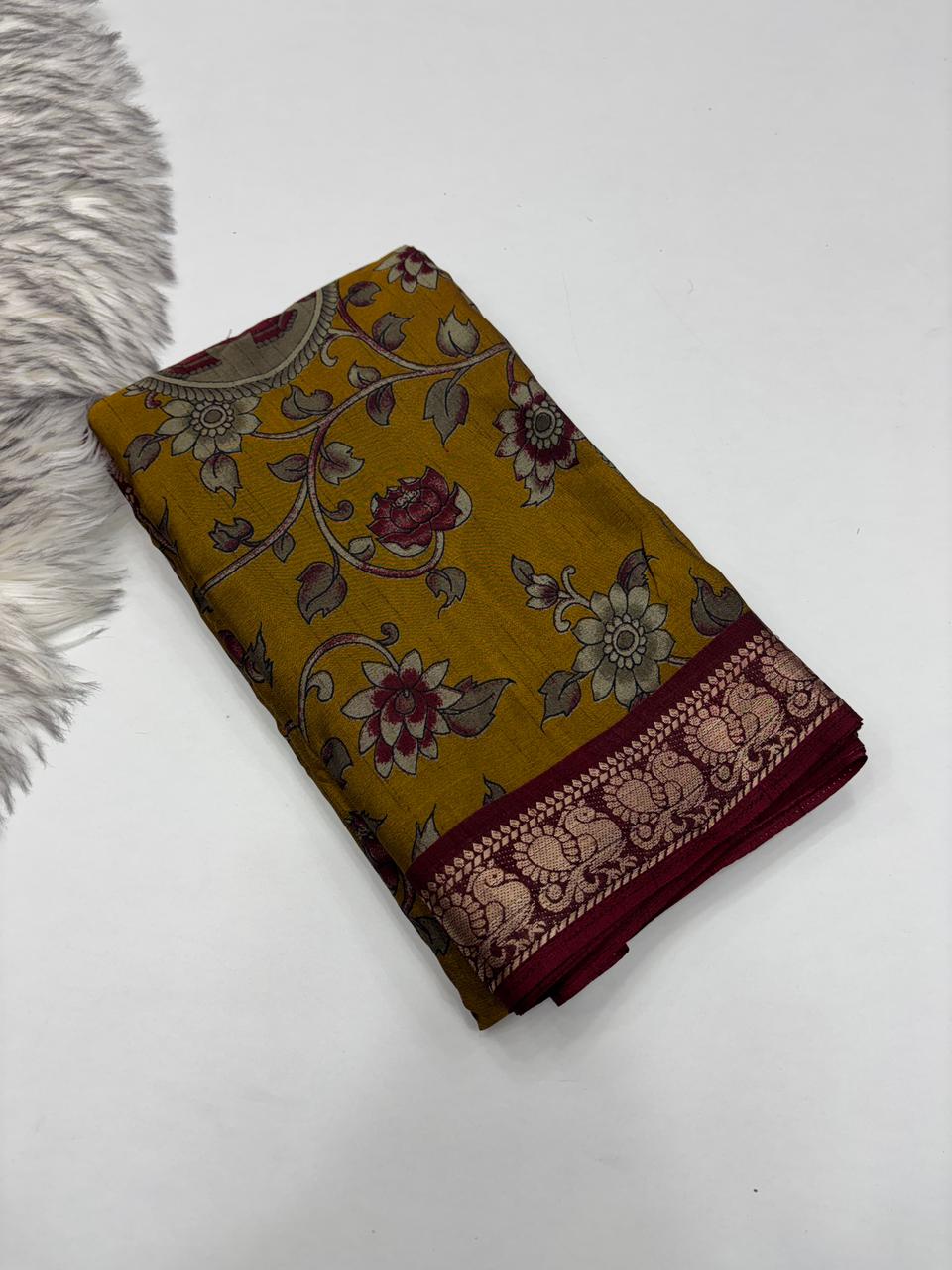 Contemporary Function Wear Soft Dola Silk Kalamkari Print With Mangalkari Zari Border Fancy Designer Saree