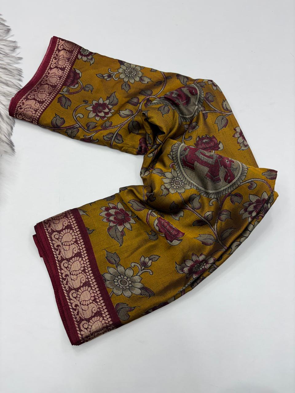 Contemporary Function Wear Soft Dola Silk Kalamkari Print With Mangalkari Zari Border Fancy Designer Saree