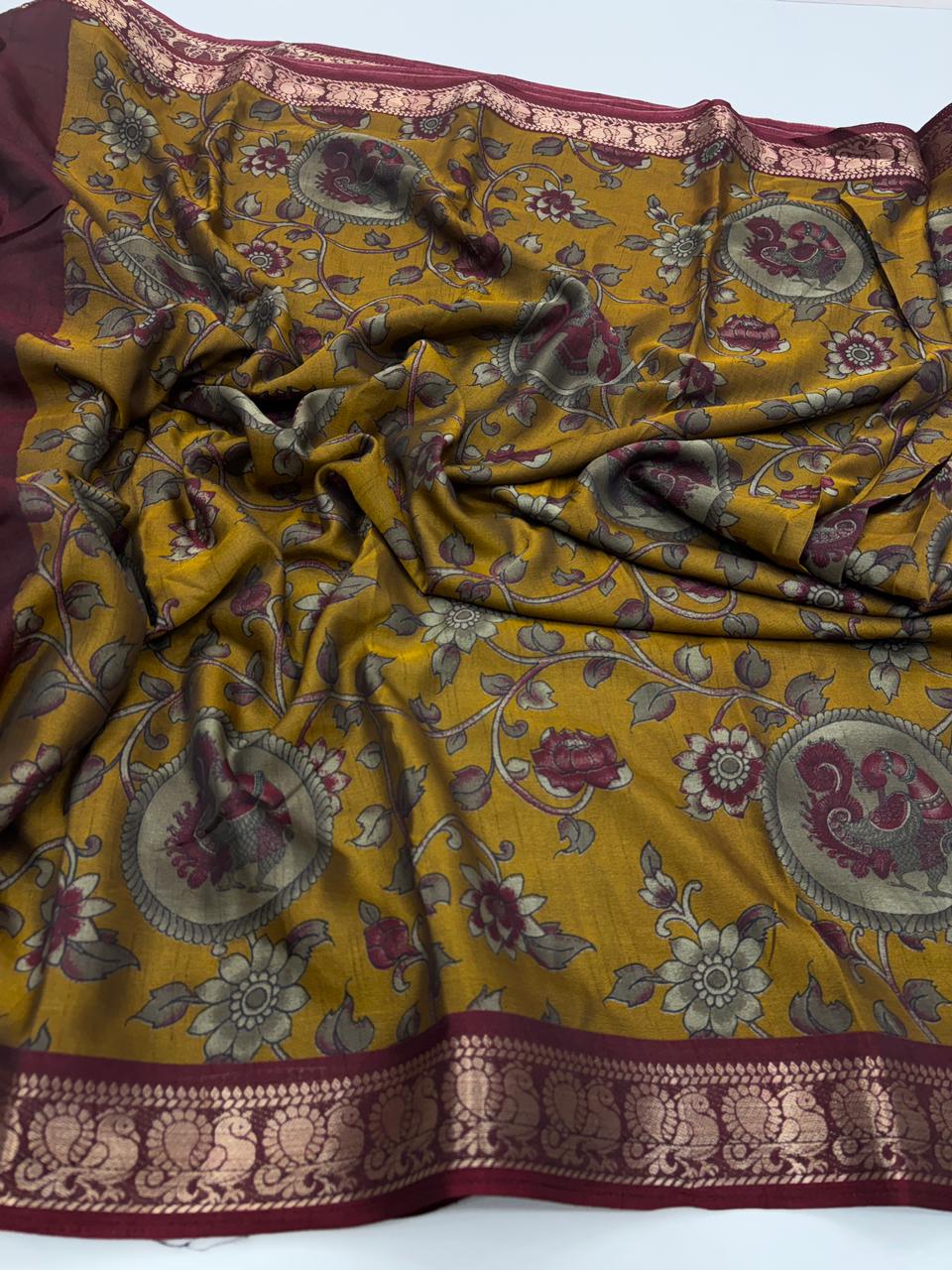 Contemporary Function Wear Soft Dola Silk Kalamkari Print With Mangalkari Zari Border Fancy Designer Saree