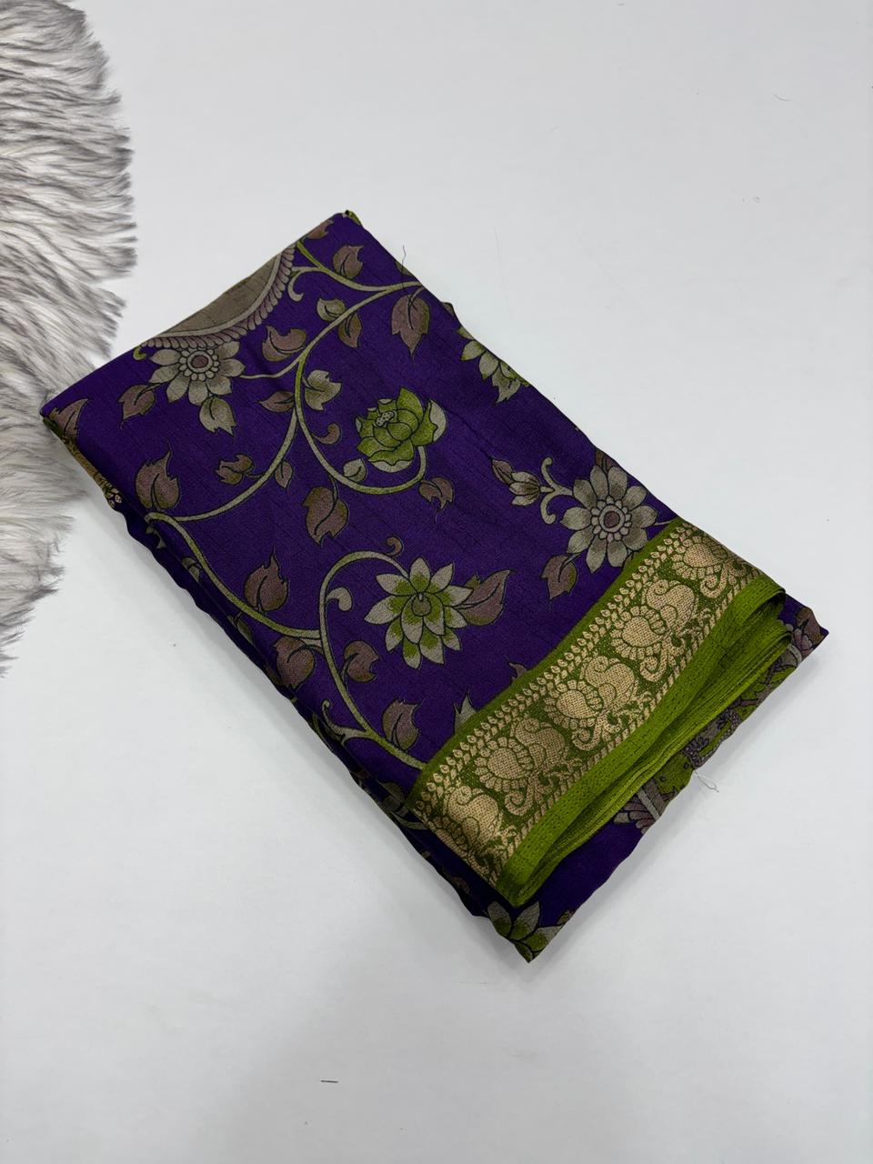 Contemporary Function Wear Soft Dola Silk Kalamkari Print With Mangalkari Zari Border Fancy Designer Saree
