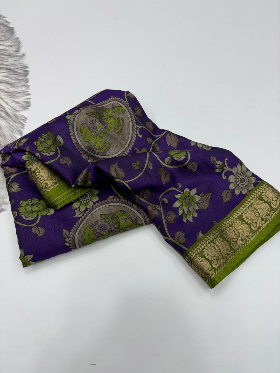 Contemporary Function Wear Soft Dola Silk Kalamkari Print With Mangalkari Zari Border Fancy Designer Saree