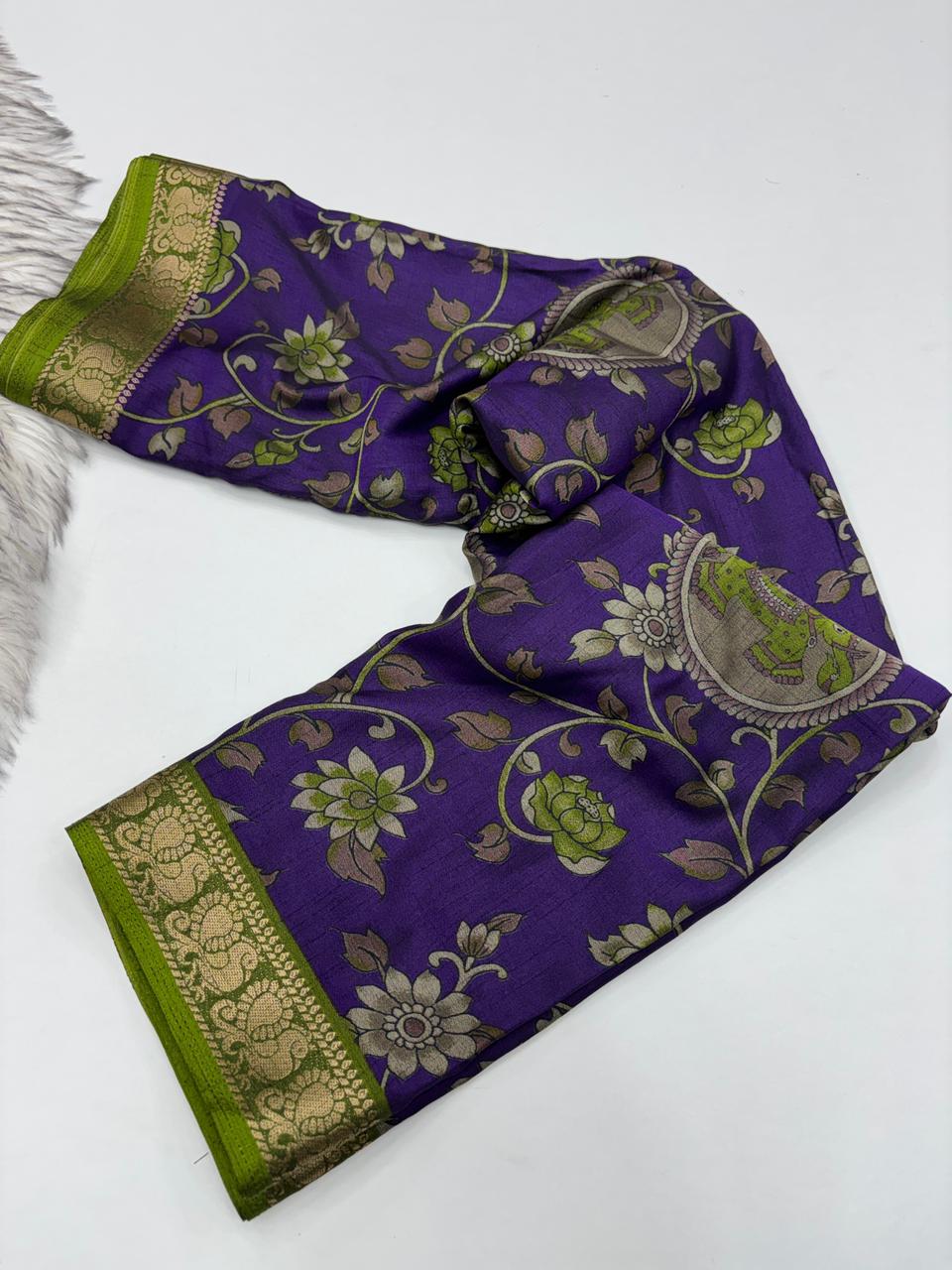 Contemporary Function Wear Soft Dola Silk Kalamkari Print With Mangalkari Zari Border Fancy Designer Saree