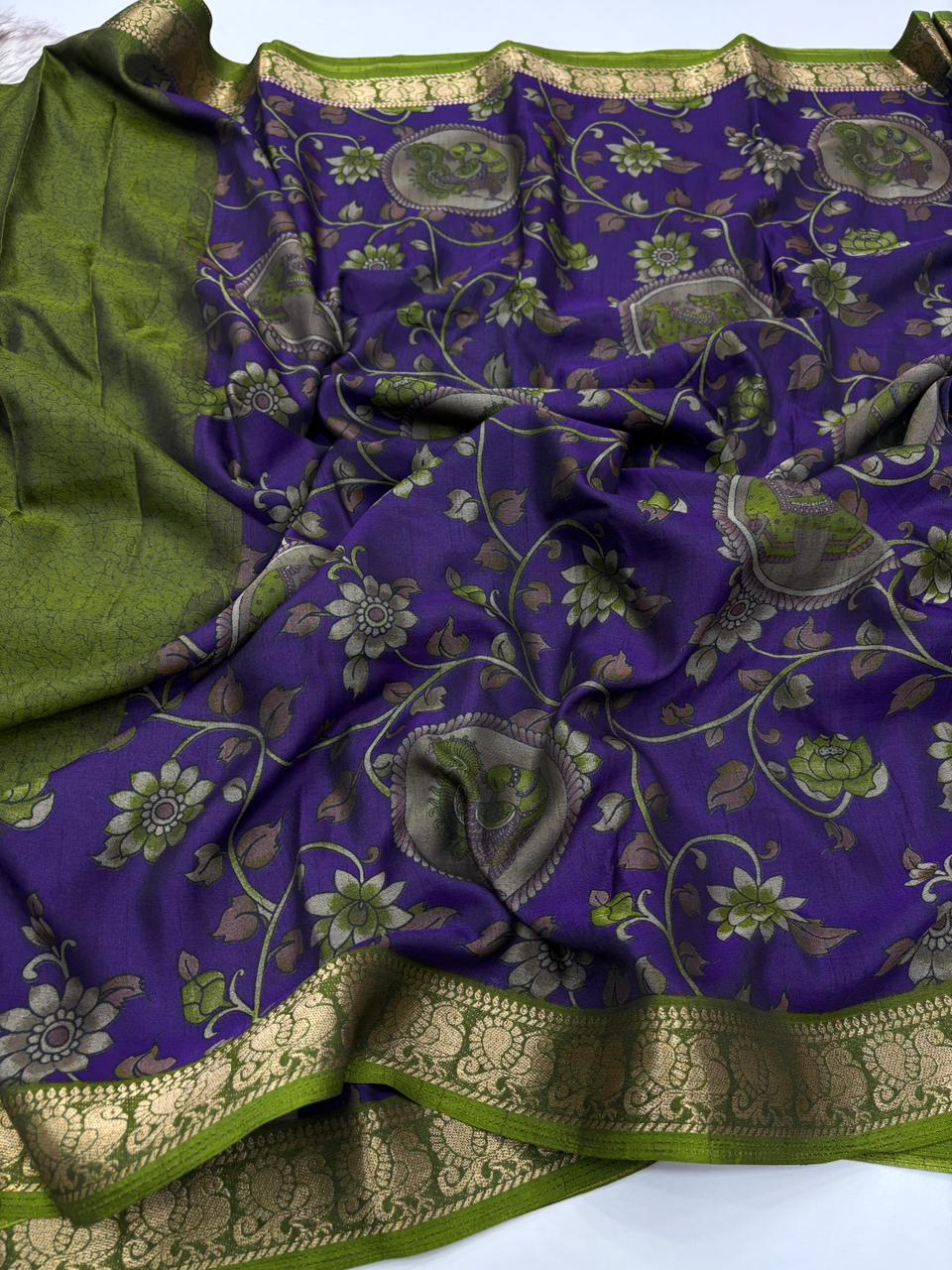 Contemporary Function Wear Soft Dola Silk Kalamkari Print With Mangalkari Zari Border Fancy Designer Saree