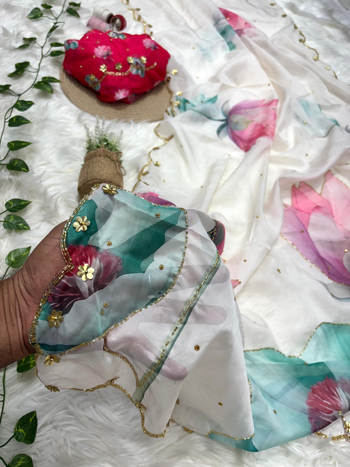 Glamorous Party Wear Pure Soft Silk Floral Prints n Cutdana Work Fancy Designer Saree With Blouse