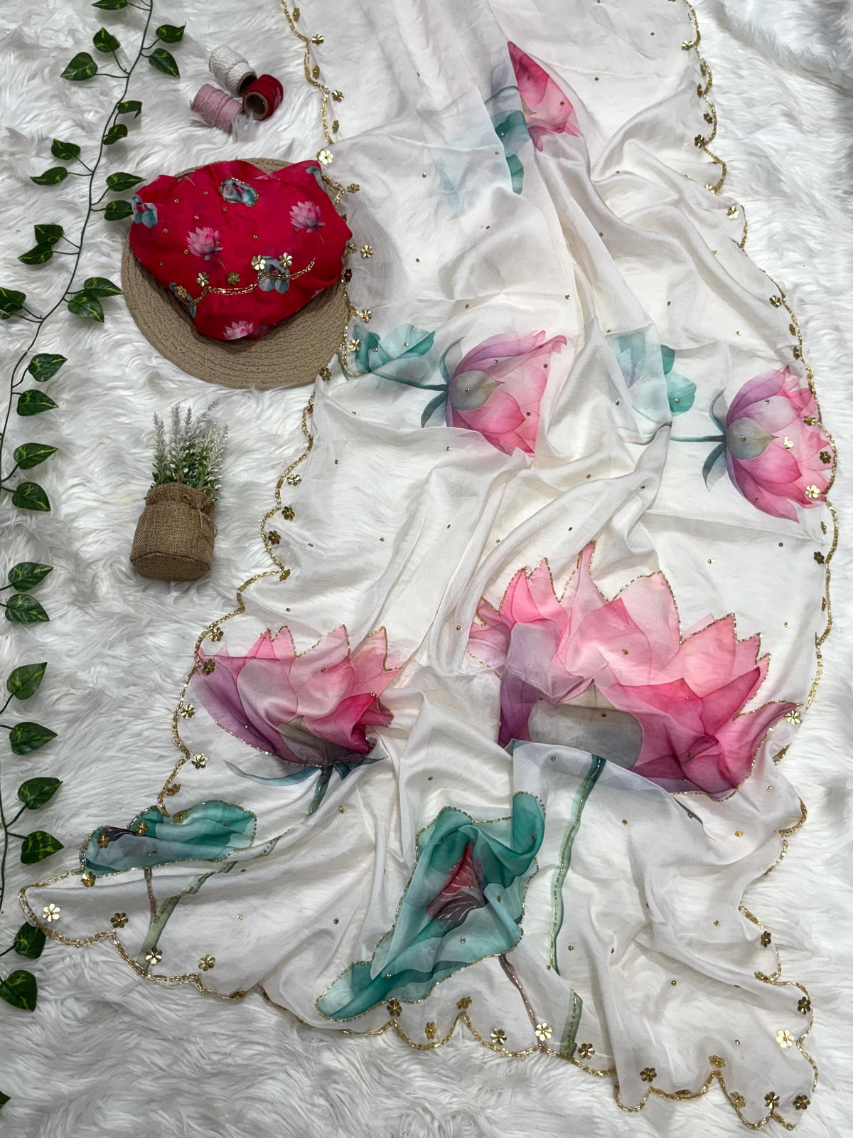 Glamorous Party Wear Pure Soft Silk Floral Prints n Cutdana Work Fancy Designer Saree With Blouse