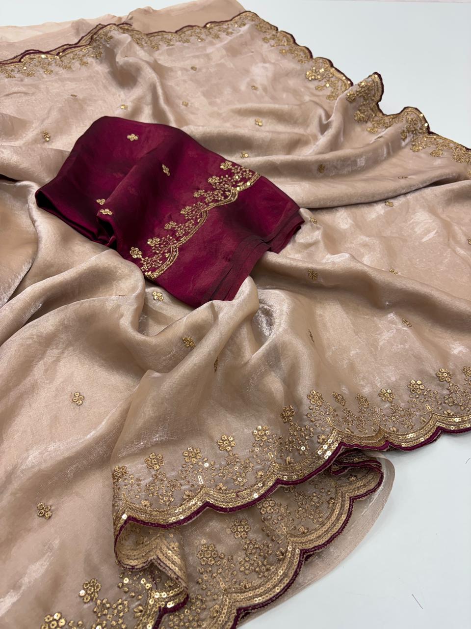 Heritage Party Wear Space Silk Embroidery Thread Work Fancy Designer Saree With Contrast Blouse Piece