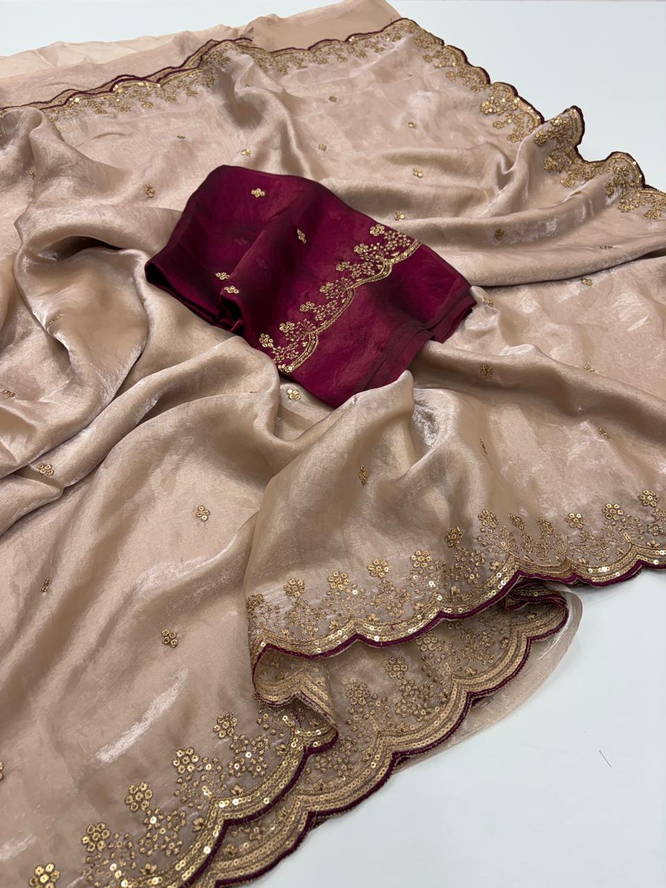 Heritage Party Wear Space Silk Embroidery Thread Work Fancy Designer Saree With Contrast Blouse Piece