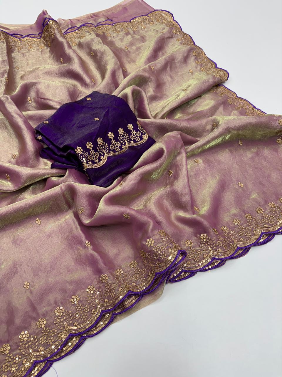 Heritage Party Wear Space Silk Embroidery Thread Work Fancy Designer Saree With Contrast Blouse Piece