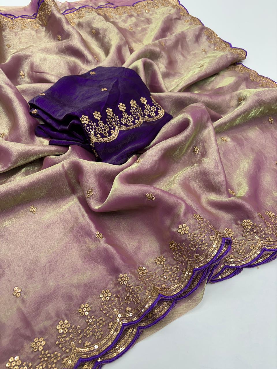 Heritage Party Wear Space Silk Embroidery Thread Work Fancy Designer Saree With Contrast Blouse Piece