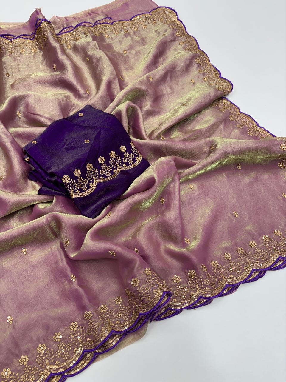 Heritage Party Wear Space Silk Embroidery Thread Work Fancy Designer Saree With Contrast Blouse Piece
