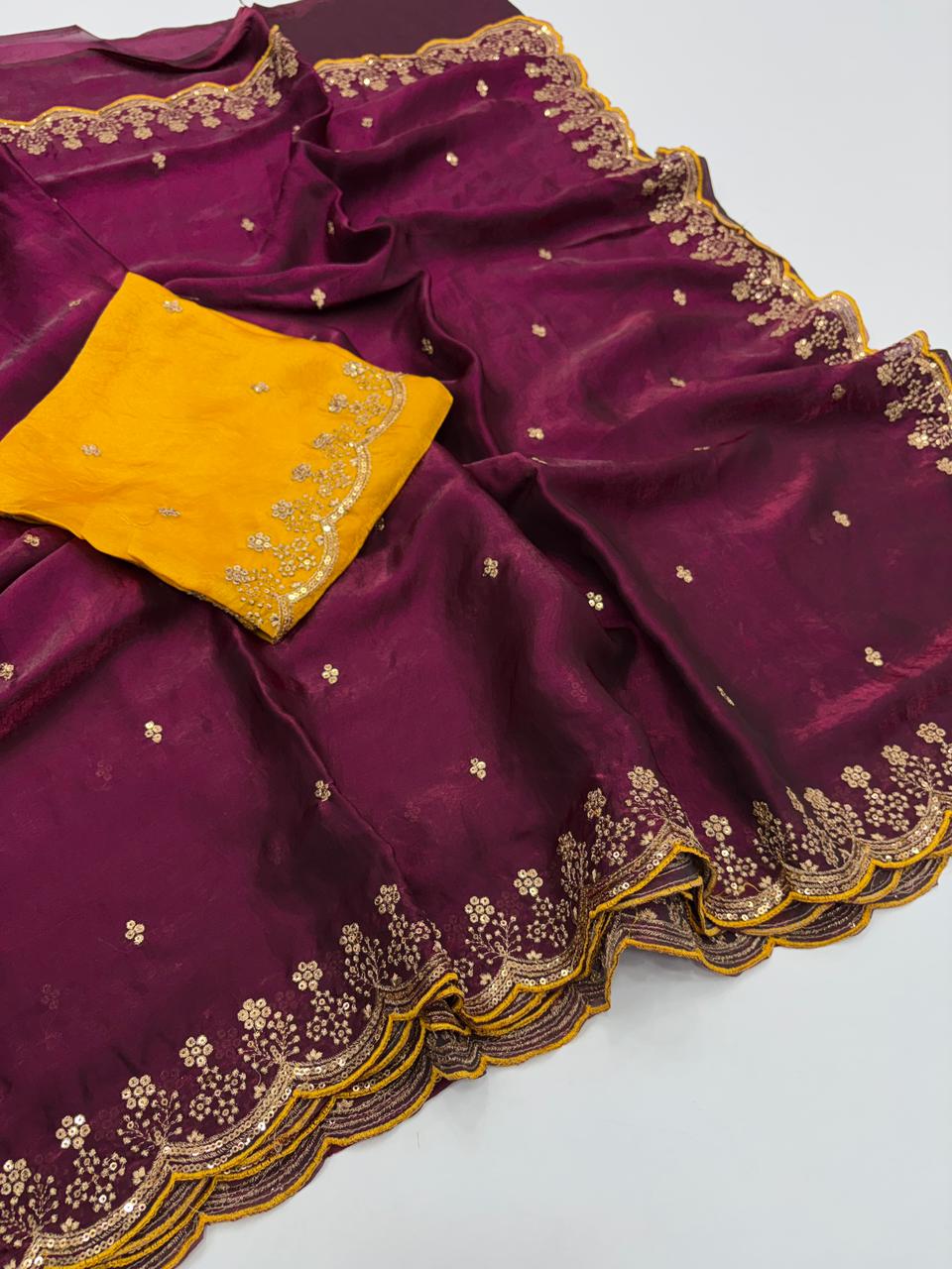 Heritage Party Wear Space Silk Embroidery Thread Work Fancy Designer Saree With Contrast Blouse Piece