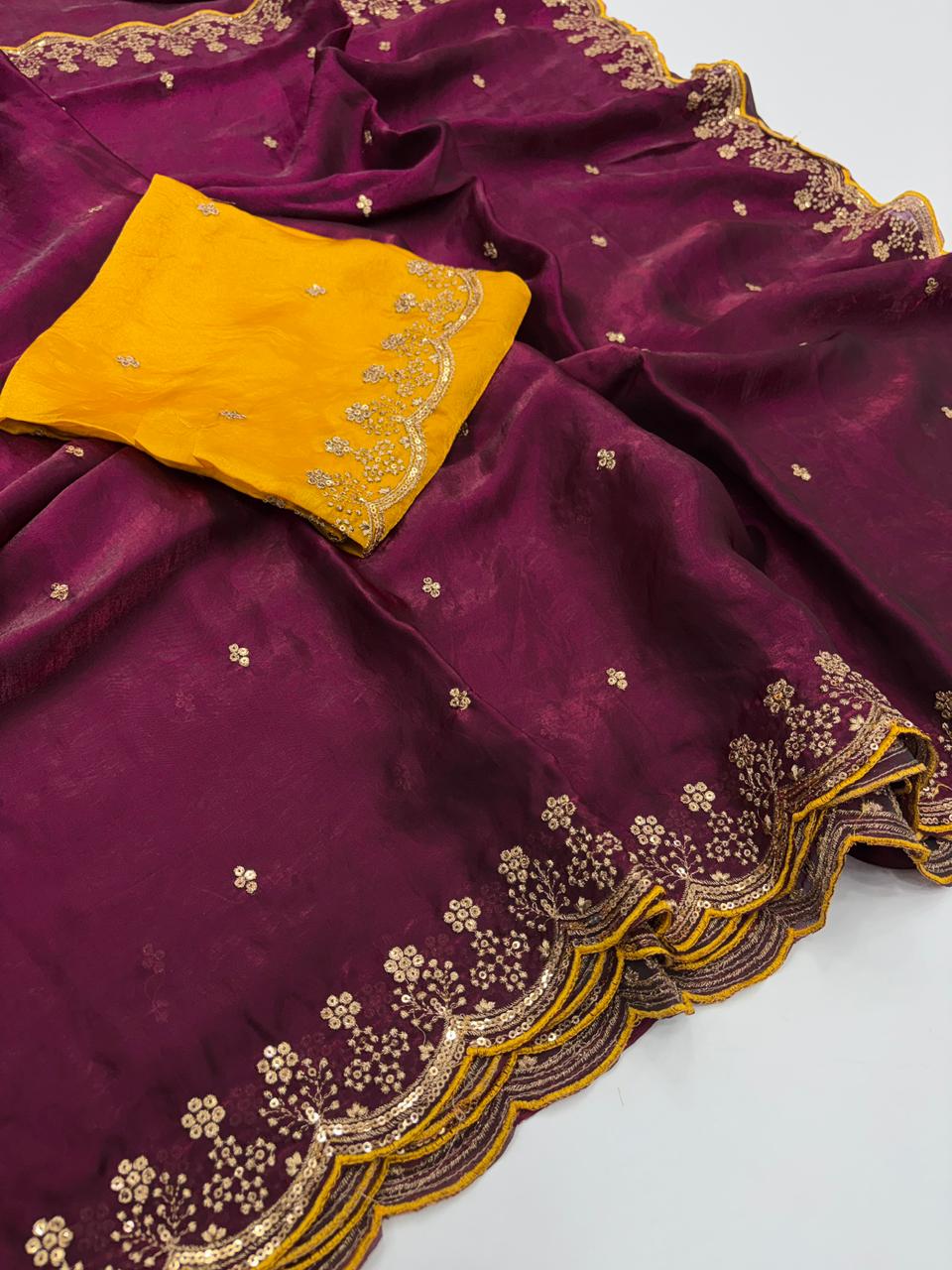 Heritage Party Wear Space Silk Embroidery Thread Work Fancy Designer Saree With Contrast Blouse Piece