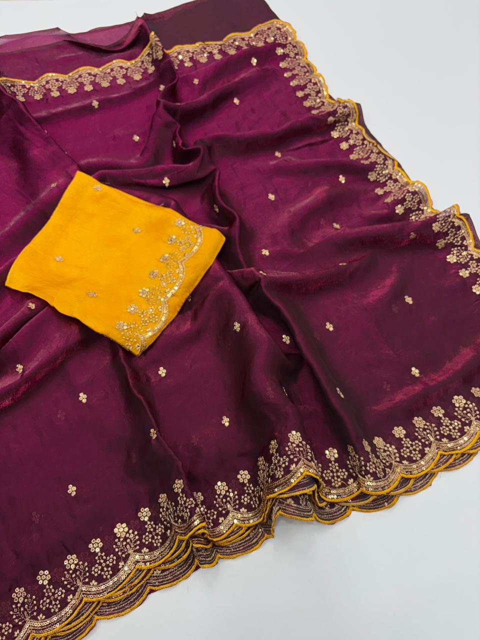 Heritage Party Wear Space Silk Embroidery Thread Work Fancy Designer Saree With Contrast Blouse Piece