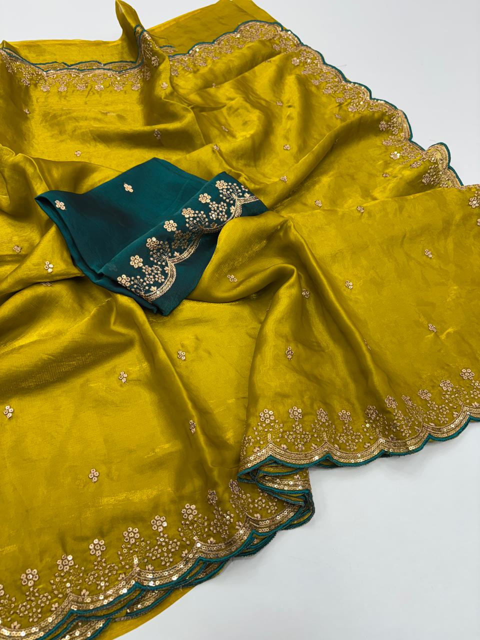 Heritage Party Wear Space Silk Embroidery Thread Work Fancy Designer Saree With Contrast Blouse Piece