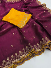 Load image into Gallery viewer, Heritage Party Wear Space Silk Embroidery Thread Work Fancy Designer Saree With Contrast Blouse Piece
