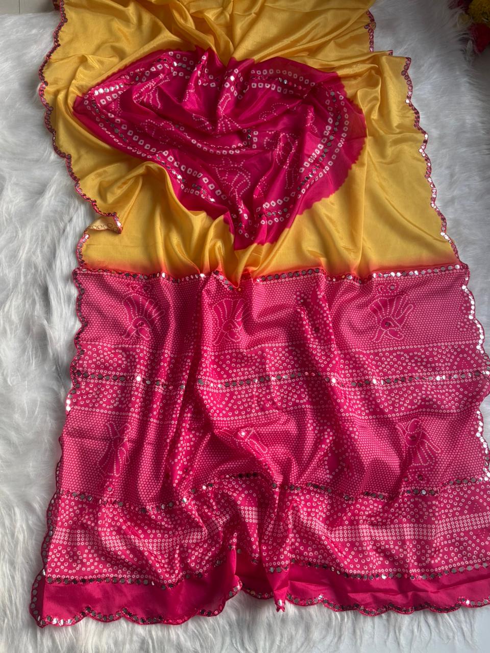 Gossamer Function Wear Chinnon Fabric Hand Mirror Work Stunning Designer Saree With Blouse Piece