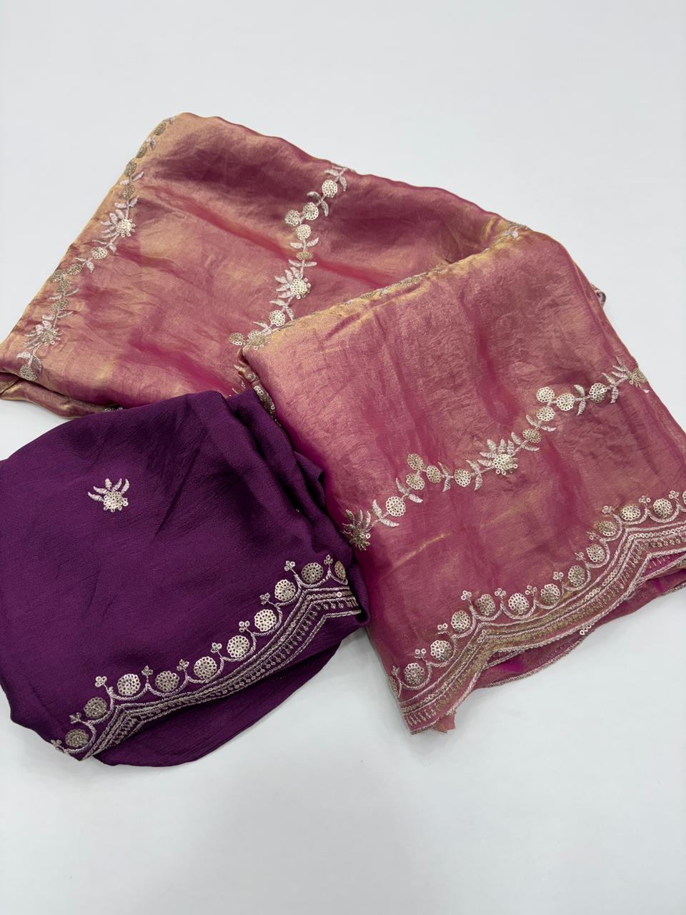 Celestial Function Wear Space Silk Embroidery Thread Work Fancy Designer Saree With Contrast Blouse Piece