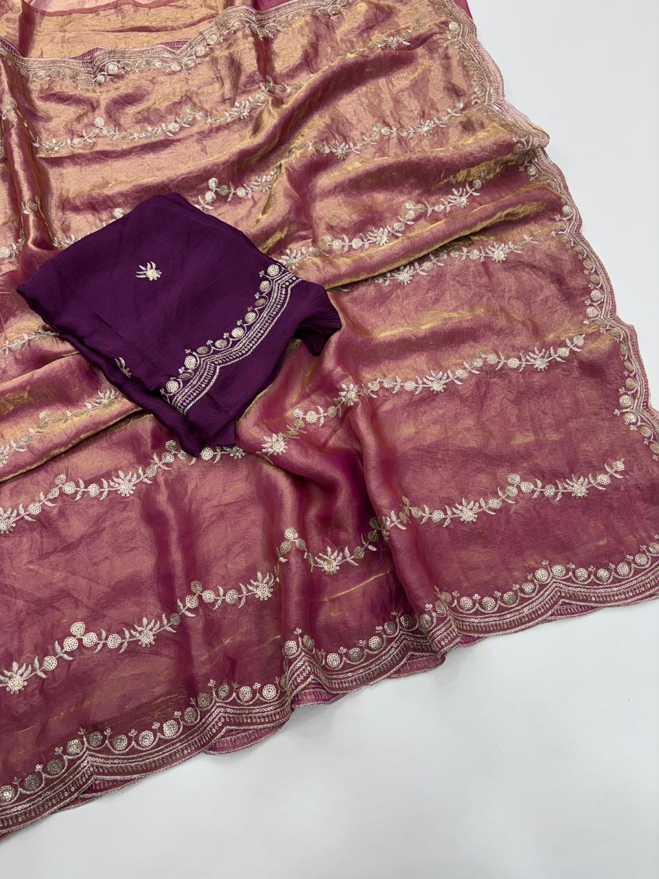 Celestial Function Wear Space Silk Embroidery Thread Work Fancy Designer Saree With Contrast Blouse Piece