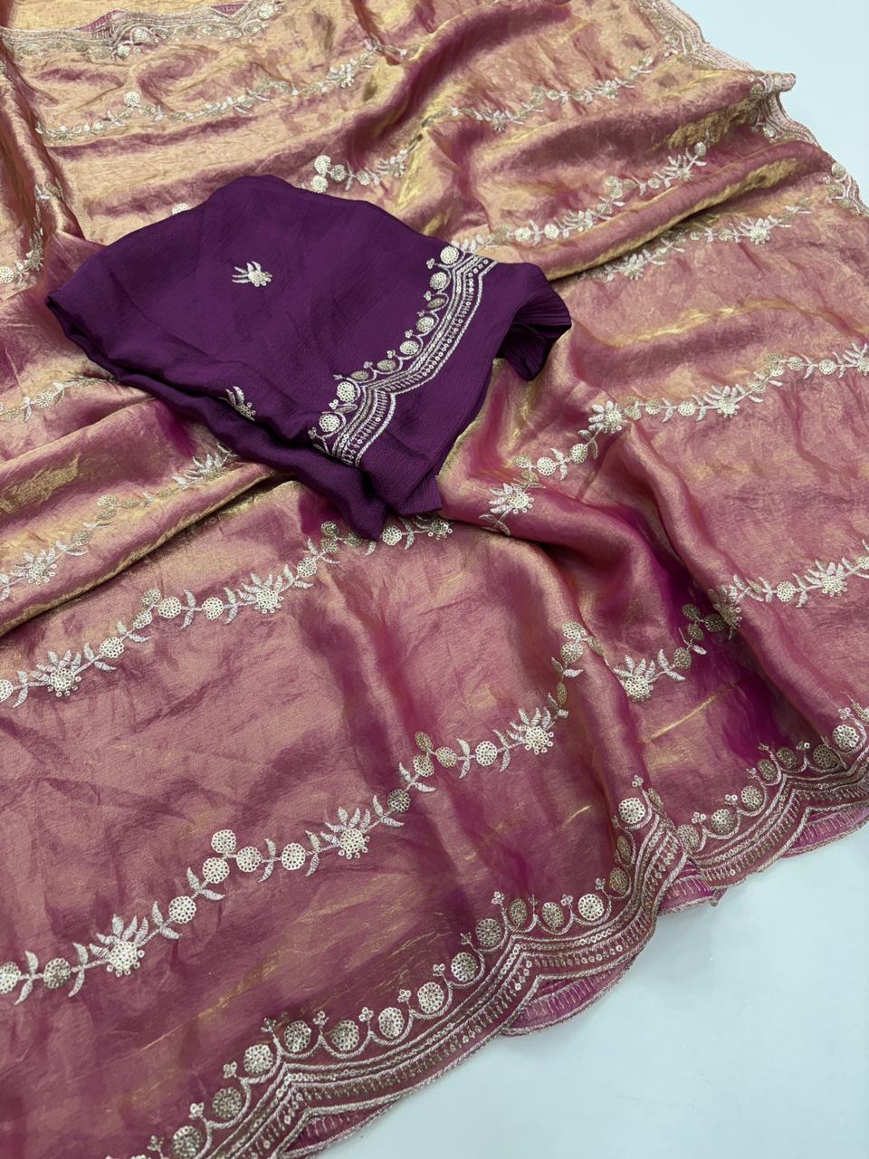Celestial Function Wear Space Silk Embroidery Thread Work Fancy Designer Saree With Contrast Blouse Piece