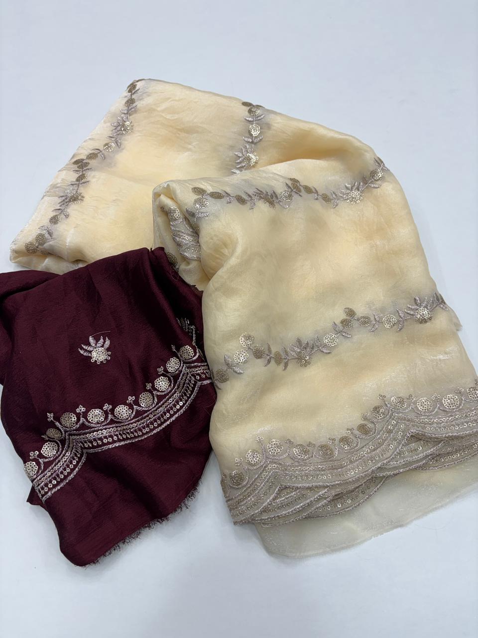 Celestial Function Wear Space Silk Embroidery Thread Work Fancy Designer Saree With Contrast Blouse Piece