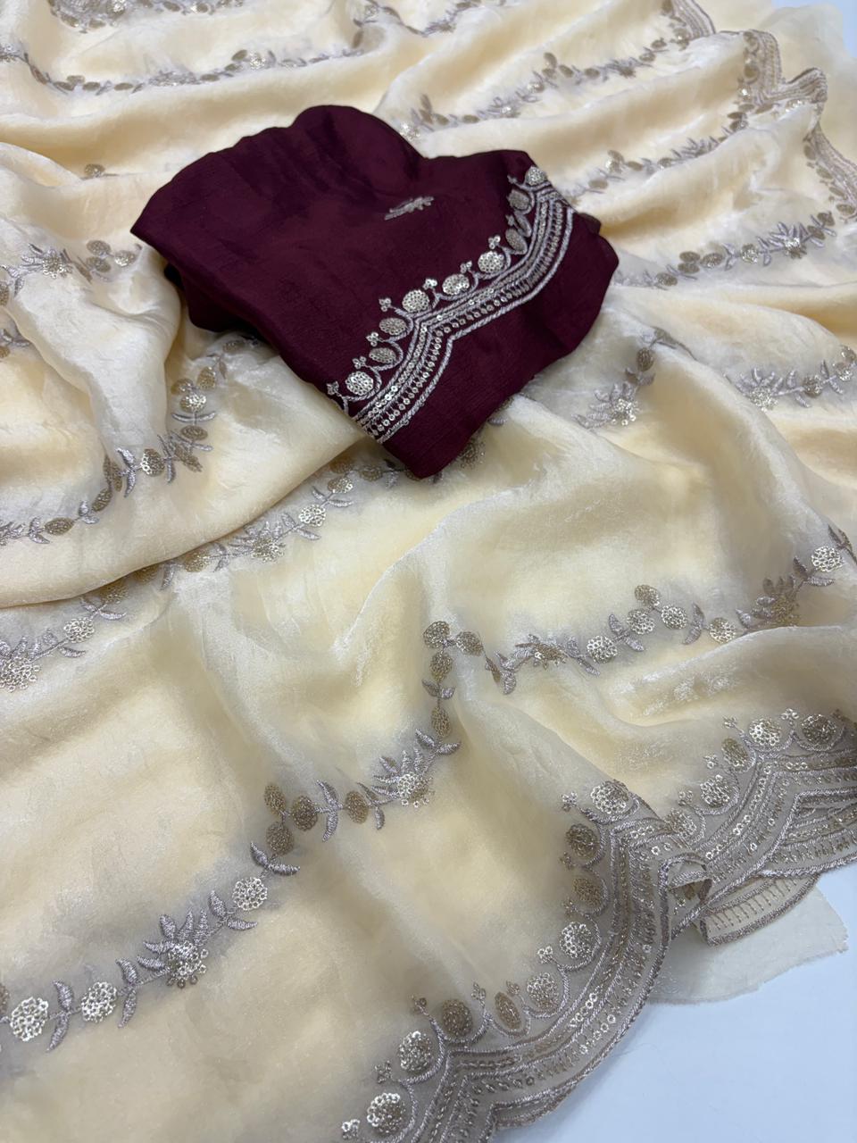 Celestial Function Wear Space Silk Embroidery Thread Work Fancy Designer Saree With Contrast Blouse Piece
