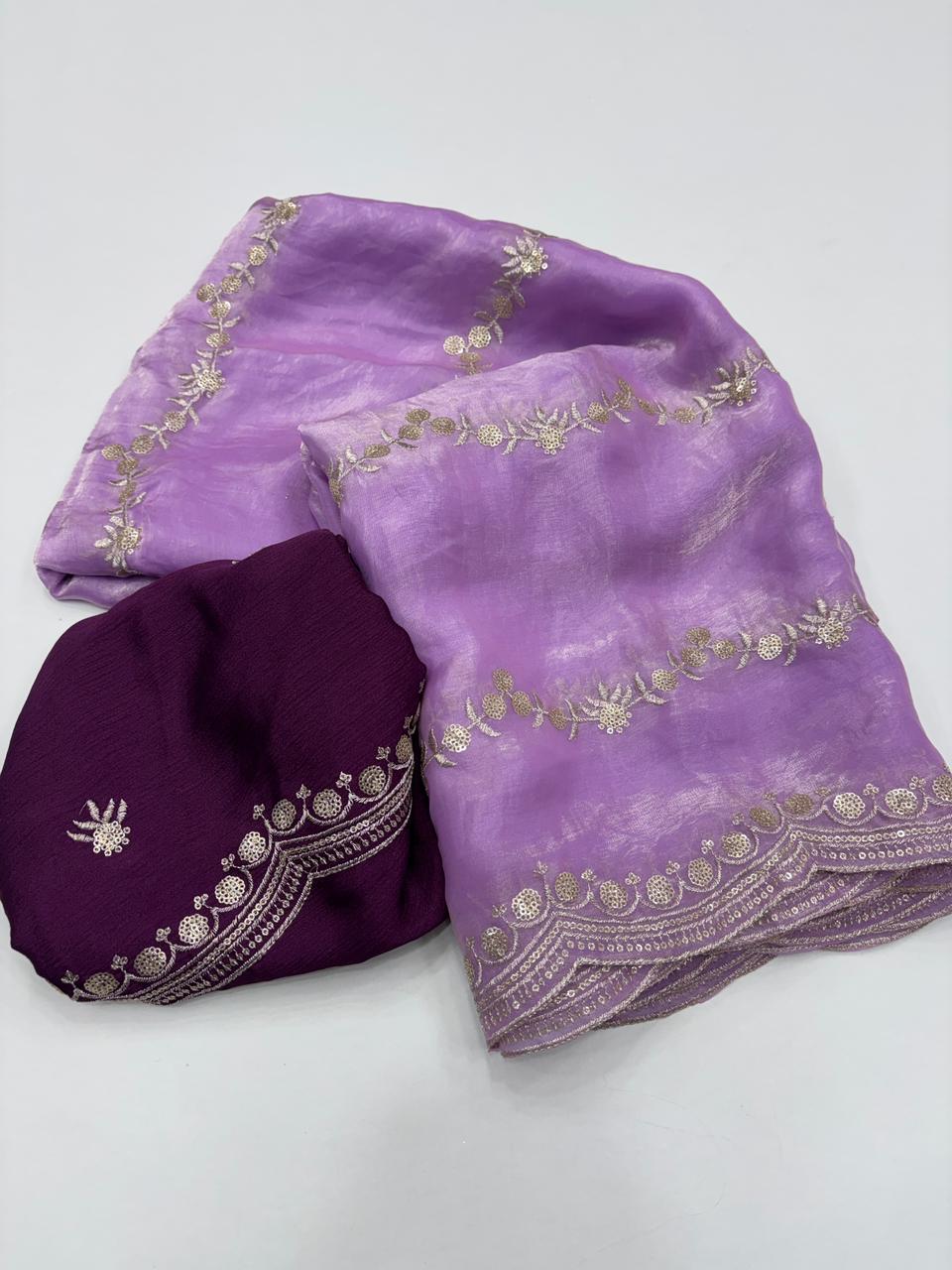 Celestial Function Wear Space Silk Embroidery Thread Work Fancy Designer Saree With Contrast Blouse Piece