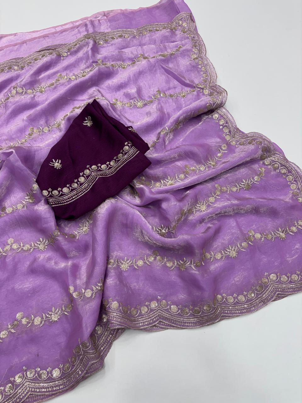 Celestial Function Wear Space Silk Embroidery Thread Work Fancy Designer Saree With Contrast Blouse Piece