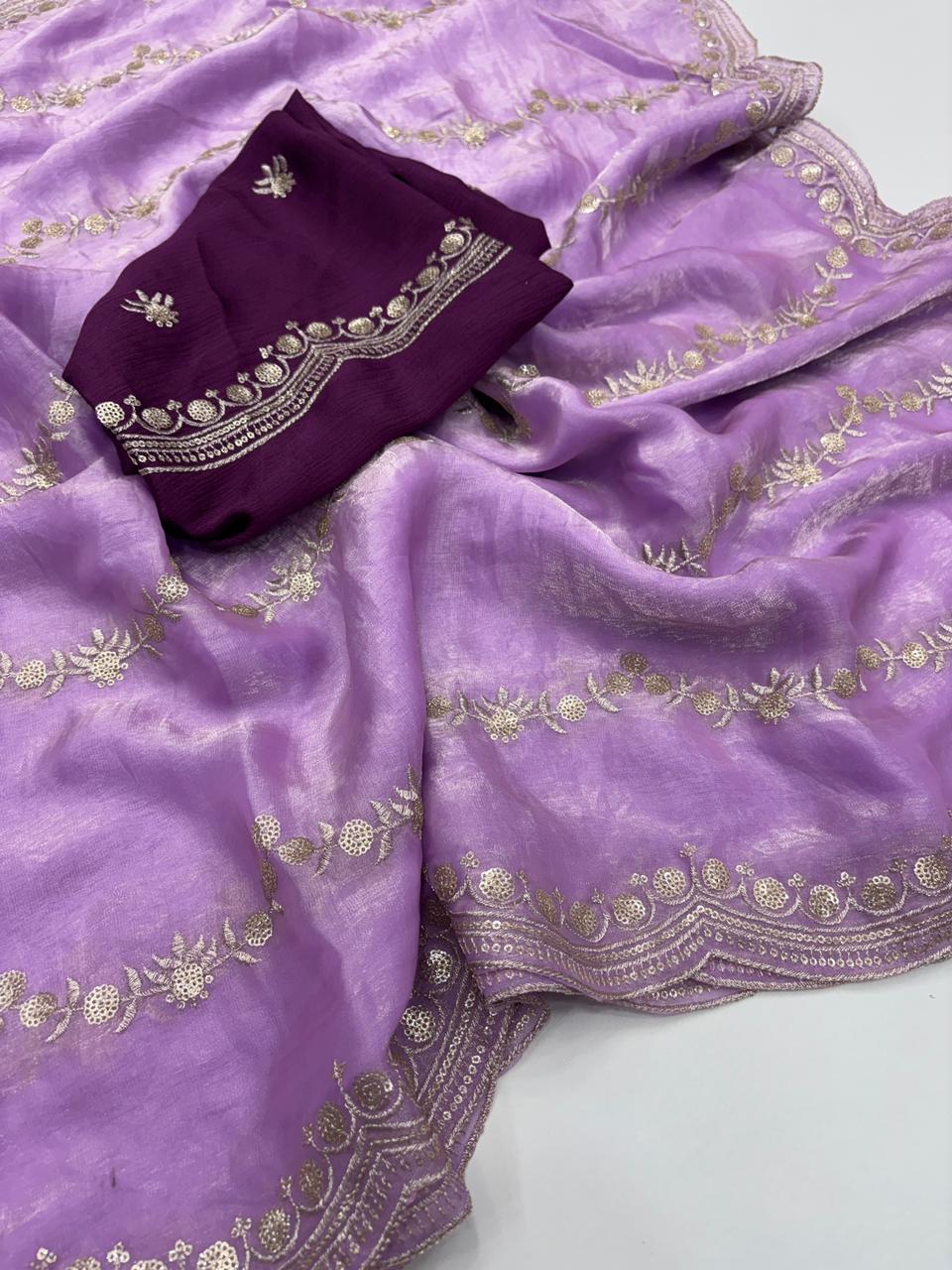 Celestial Function Wear Space Silk Embroidery Thread Work Fancy Designer Saree With Contrast Blouse Piece
