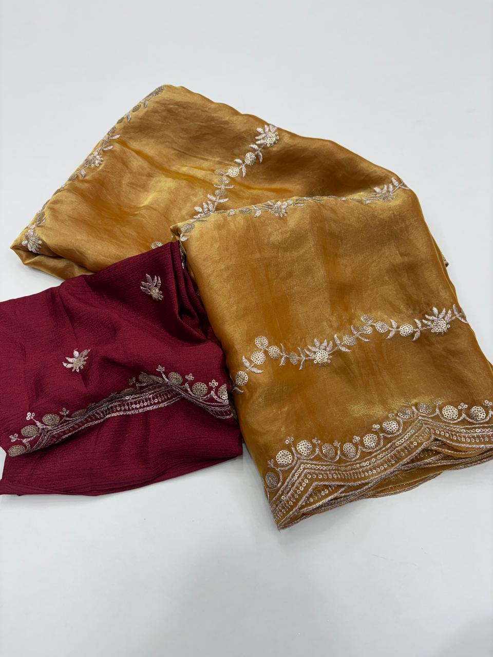 Celestial Function Wear Space Silk Embroidery Thread Work Fancy Designer Saree With Contrast Blouse Piece