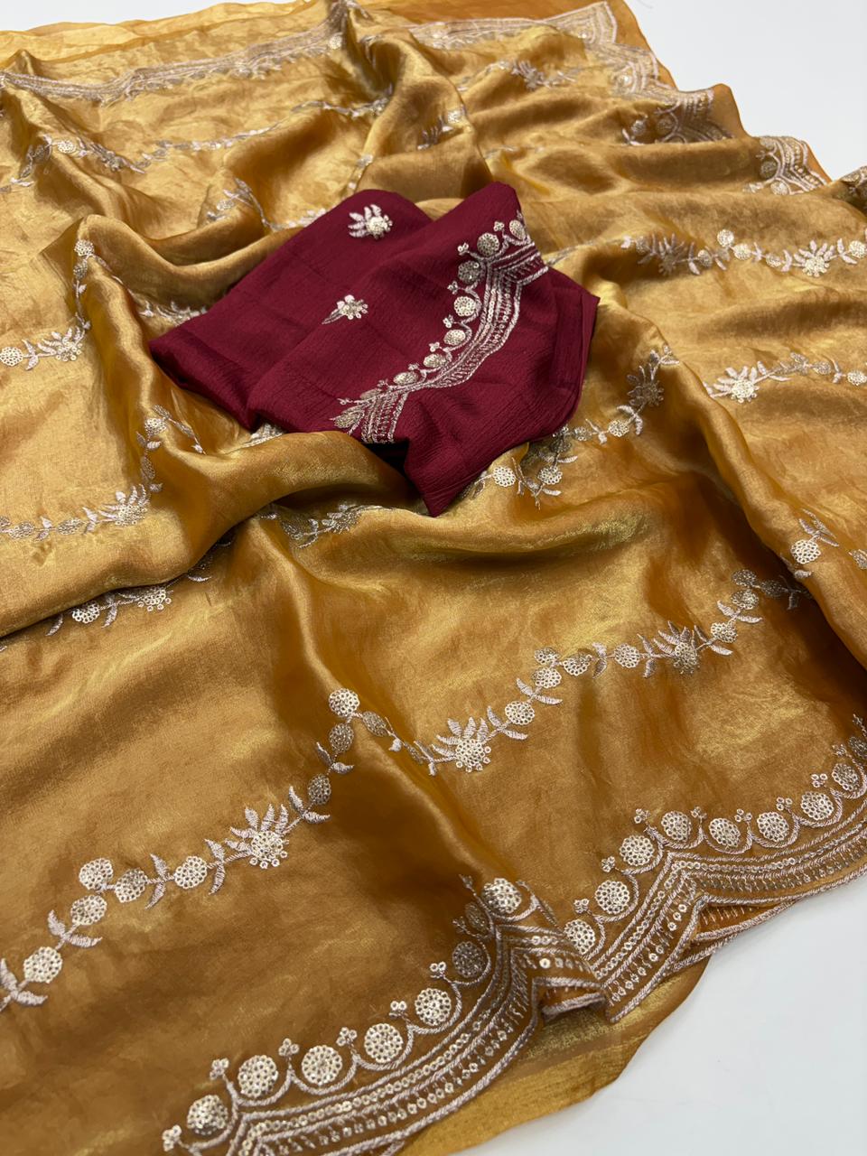 Celestial Function Wear Space Silk Embroidery Thread Work Fancy Designer Saree With Contrast Blouse Piece