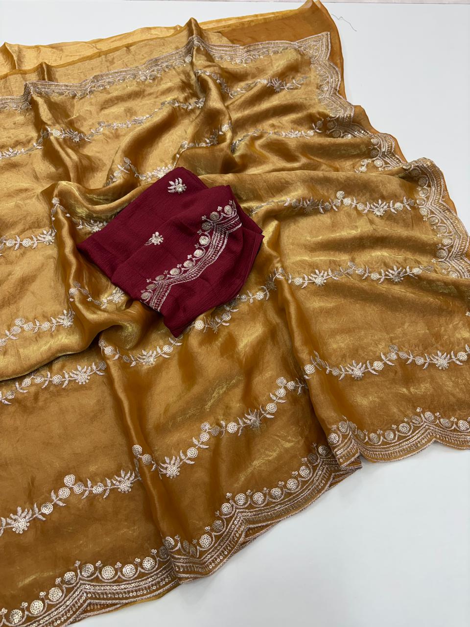 Celestial Function Wear Space Silk Embroidery Thread Work Fancy Designer Saree With Contrast Blouse Piece