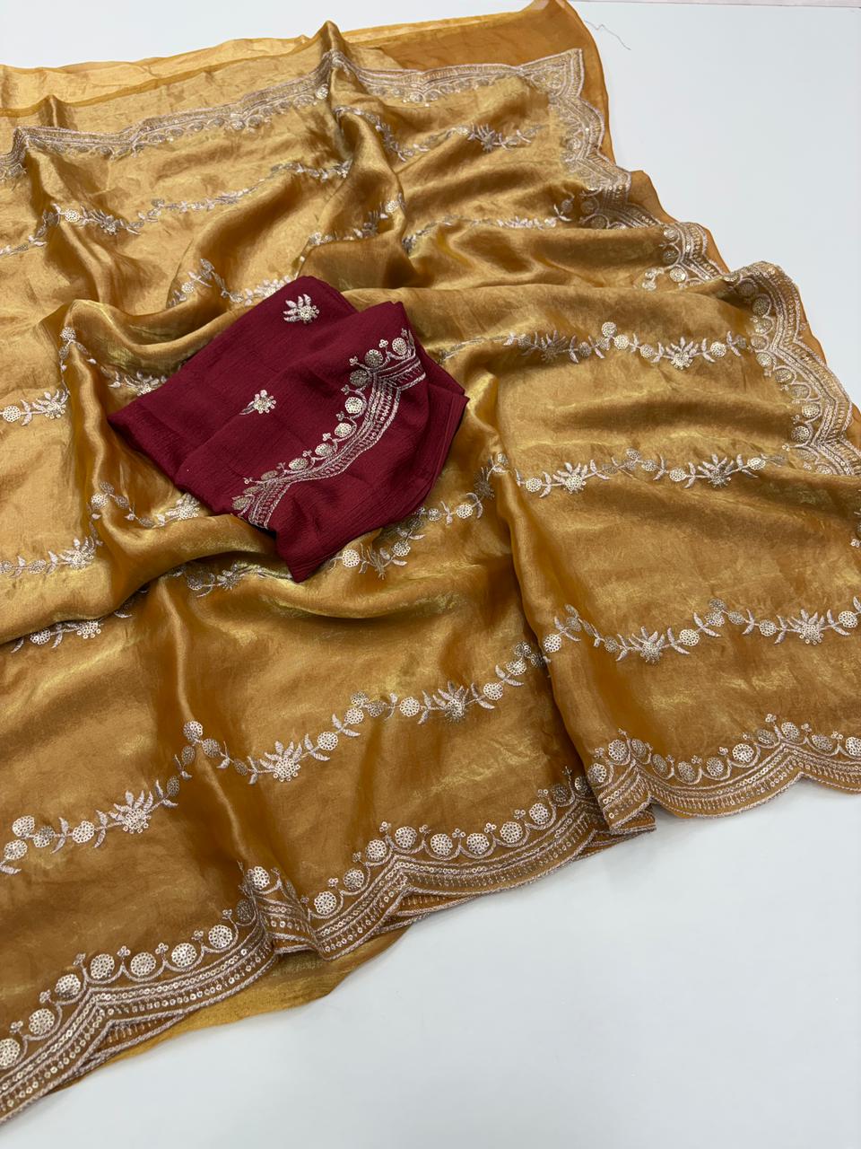 Celestial Function Wear Space Silk Embroidery Thread Work Fancy Designer Saree With Contrast Blouse Piece