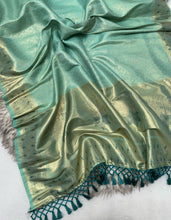 Load image into Gallery viewer, Elegant Party Wear Banarasi Silk Zari n Beautiful Siroski Work Tussel Pallu Fancy Saree With Blouse Piece
